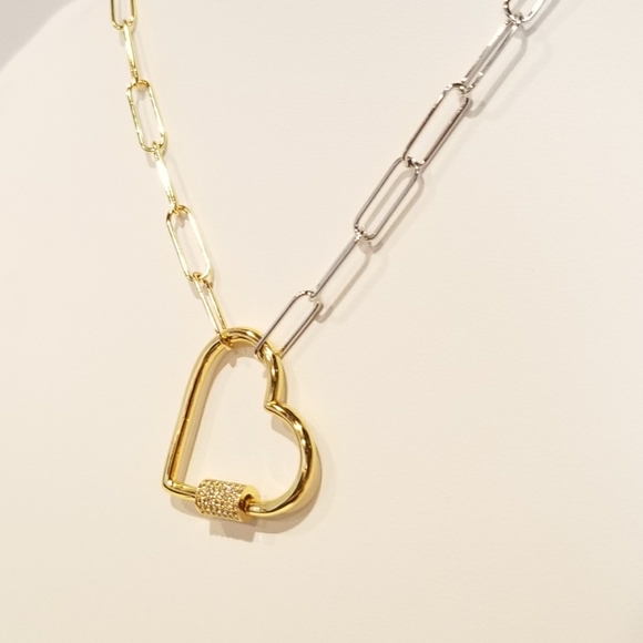 2 Tone Paperclip Pave CZ Heart Carabiner Necklace - Picture 5 of 7
